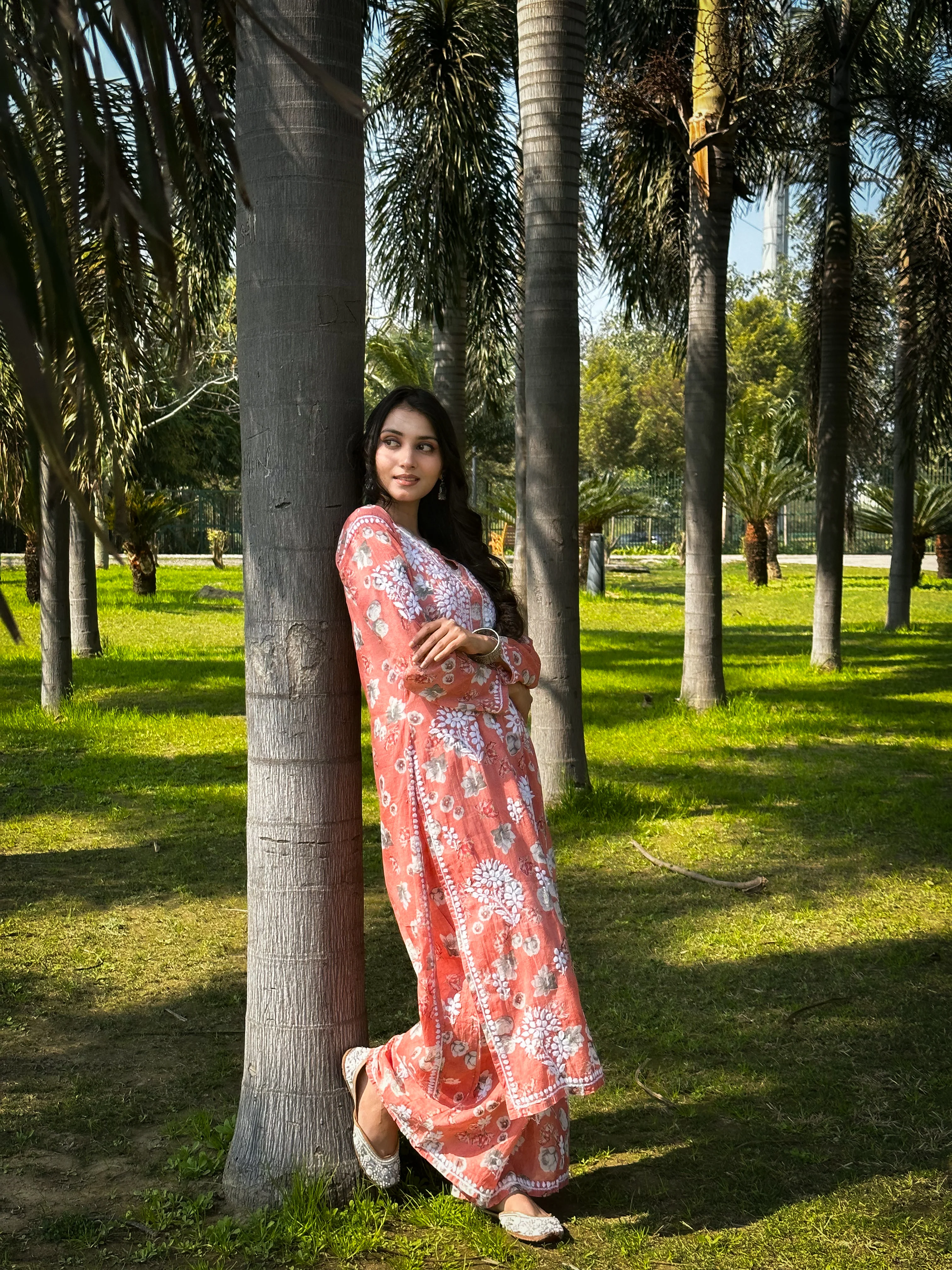 Afiya Mulmul Cotton Chikankari Kurta Set -Coral - Image 5
