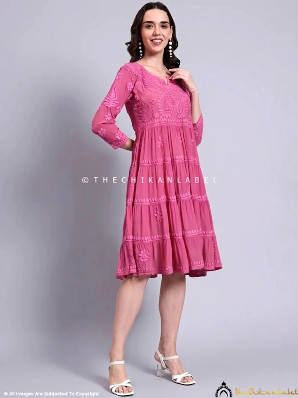 Afsara Crepe Chikankari Tier Tunic Gown - Pink - Image 3