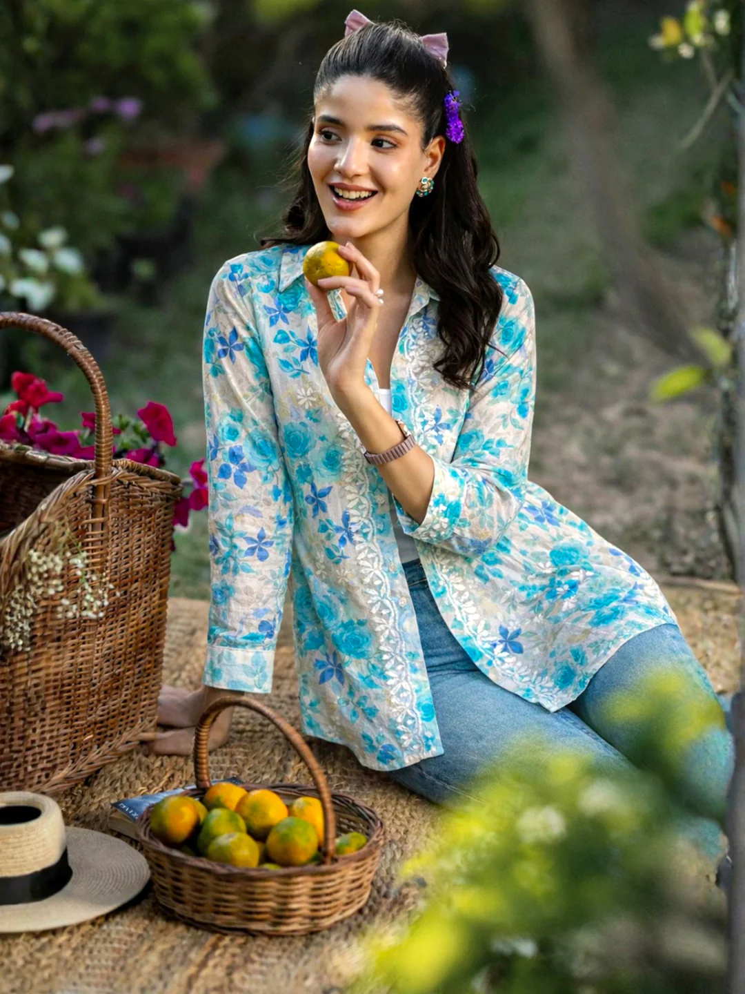 Ahana Mulmul Cotton Chikankari Shirt - Blue - Image 2