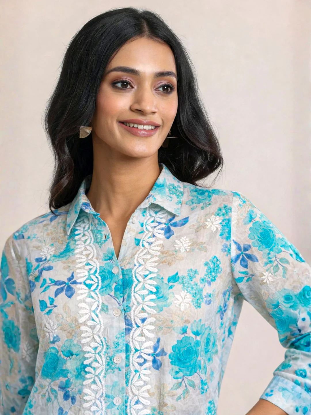 Ahana Mulmul Cotton Chikankari Shirt - Blue - Image 3
