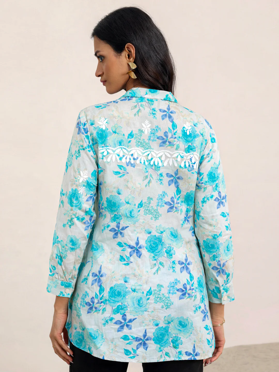 Ahana Mulmul Cotton Chikankari Shirt - Blue - Image 4
