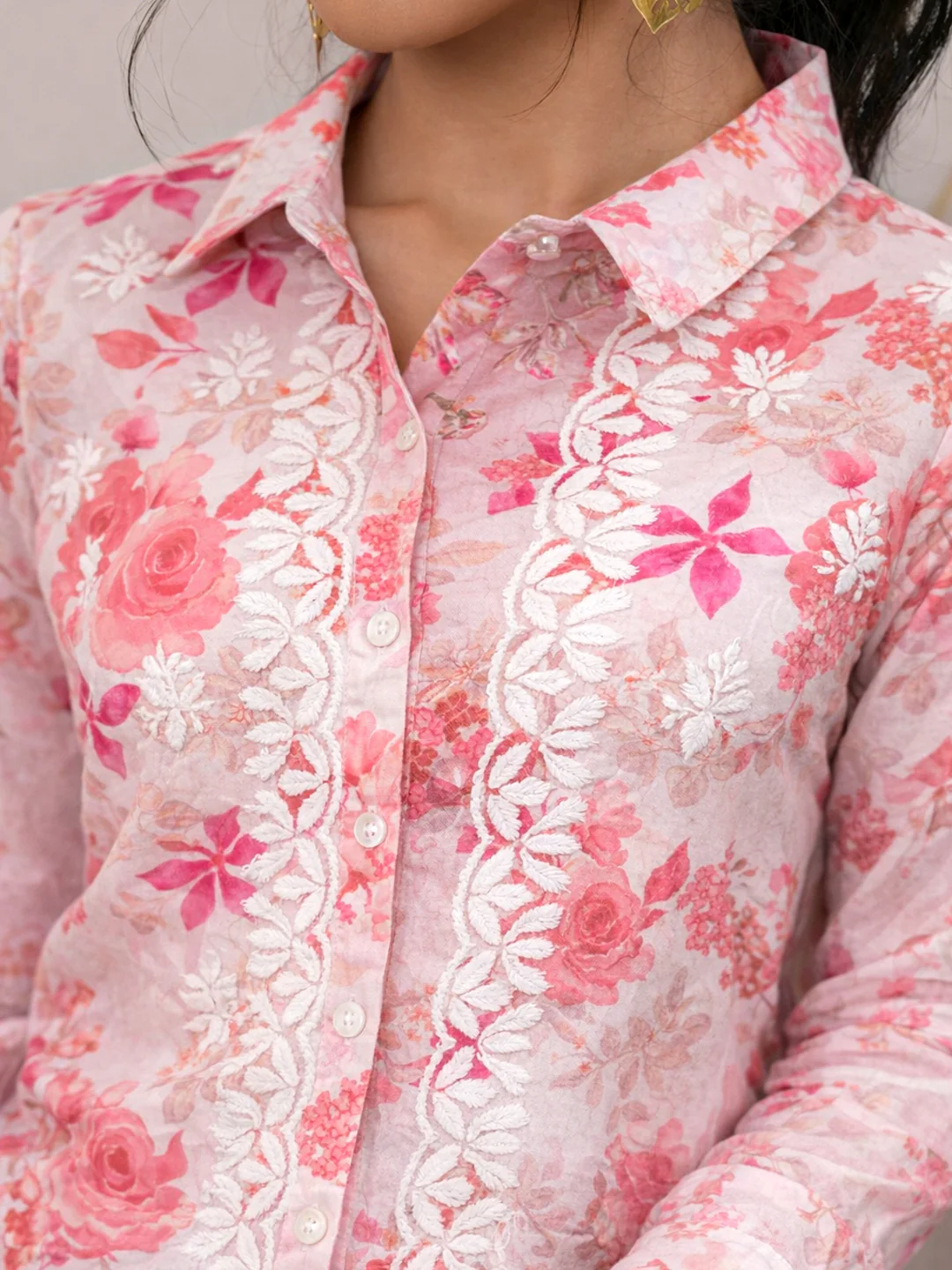 Ahana Mulmul Cotton Chikankari Shirt - Pink - Image 2