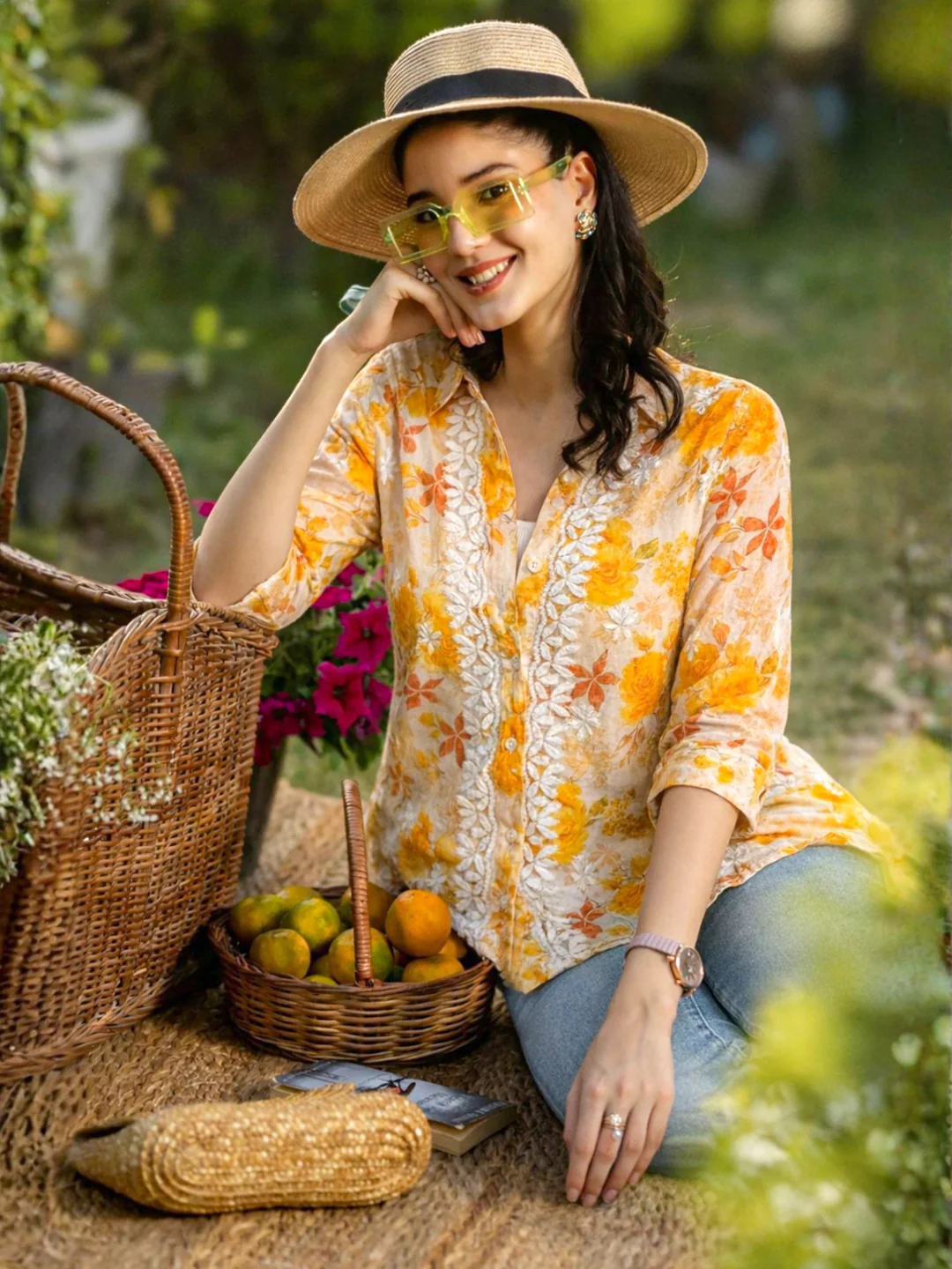 Ahana Mulmul Cotton Chikankari Shirt - Yellow - Image 2