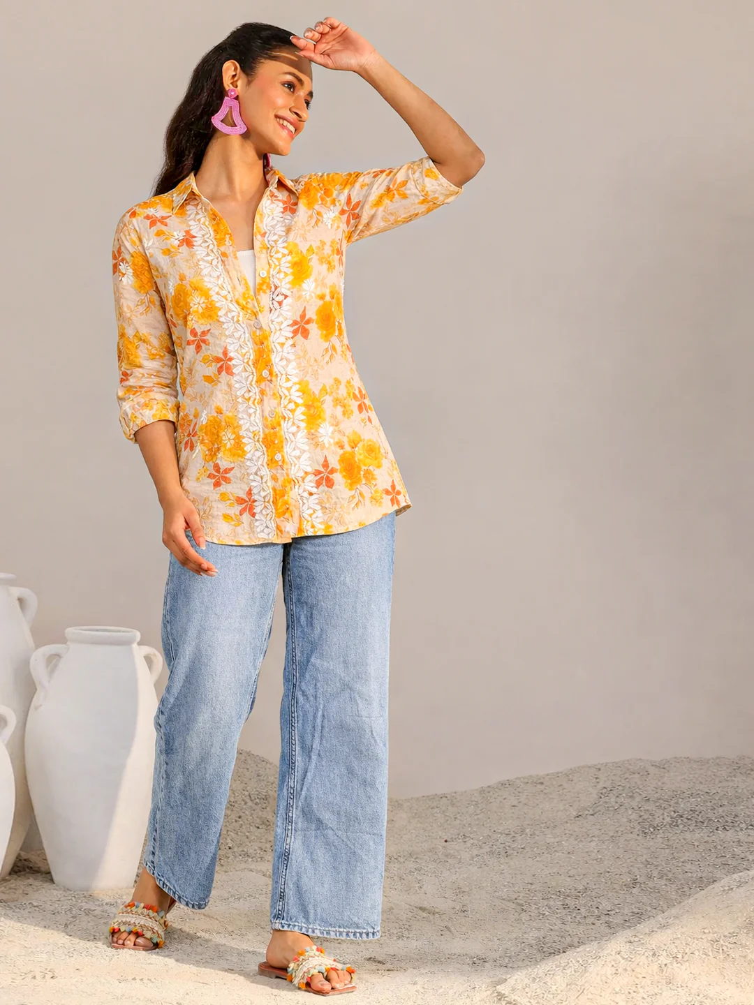 Ahana Mulmul Cotton Chikankari Shirt - Yellow - Image 3