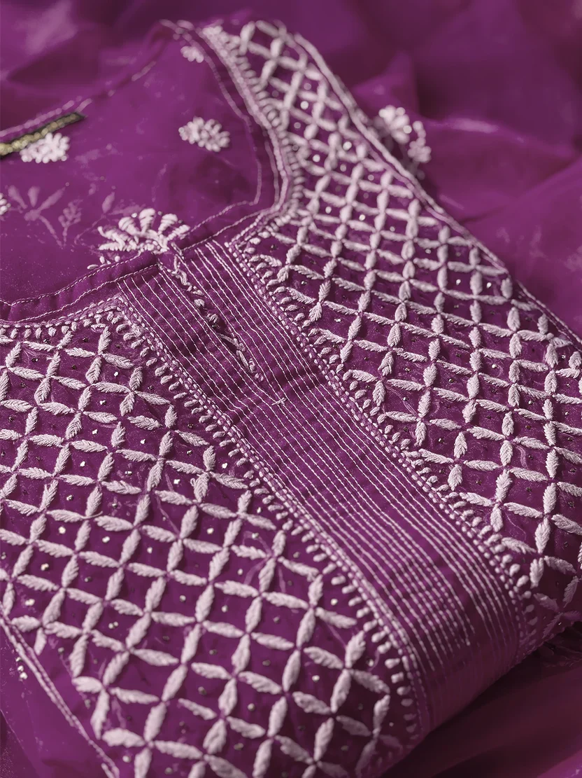 Ahilya Organza Chikankari Kurta Set - Purple - Image 2