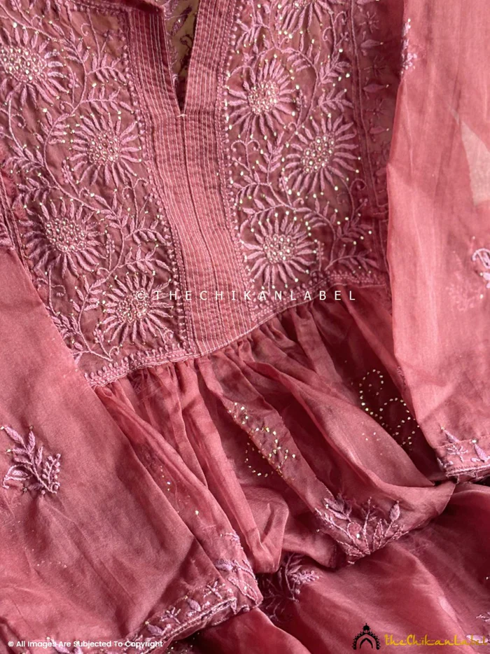 Ahilya Organza Chikankari Kurta Set - Wine - Image 3