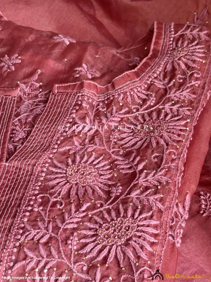 Ahilya Organza Chikankari Kurta Set - Wine - Image 4
