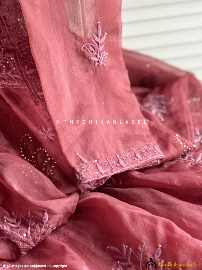 Ahilya Organza Chikankari Kurta Set - Wine - Image 6