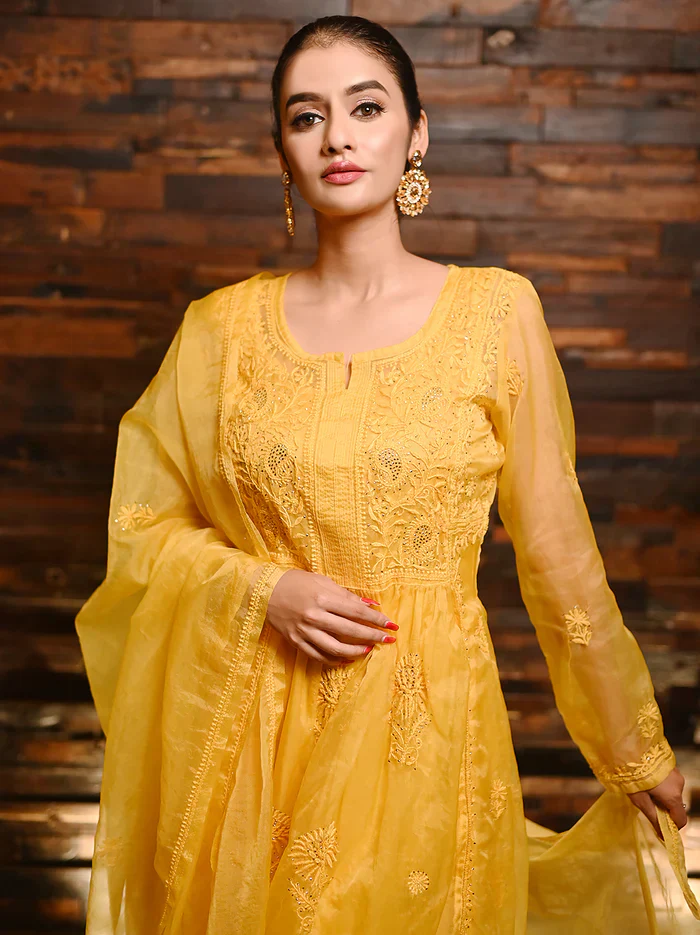 Ahilya Organza Chikankari Kurta Set - Yellow - Image 2