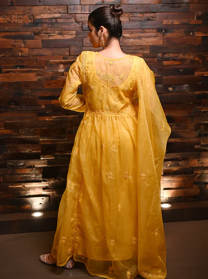 Ahilya Organza Chikankari Kurta Set - Yellow - Image 3