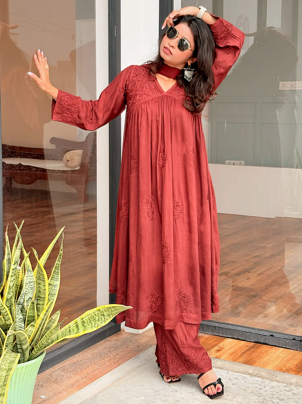 Alia Muslin Chikankari Kurta Set with Dupatta - Choco - Image 2