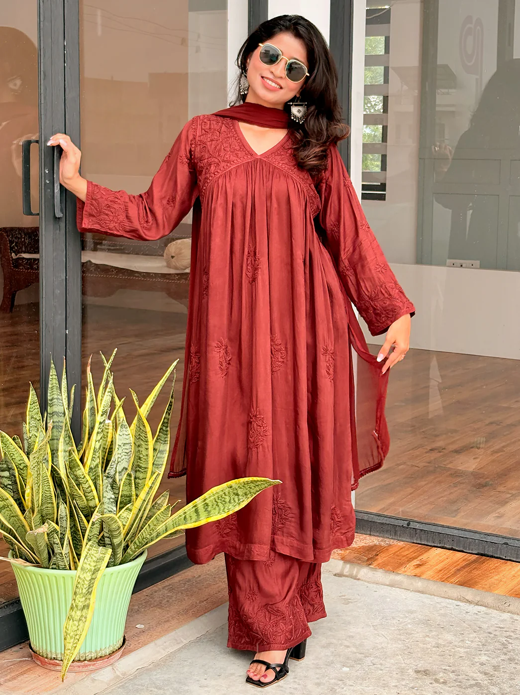 Alia Muslin Chikankari Kurta Set with Dupatta - Choco - Image 3