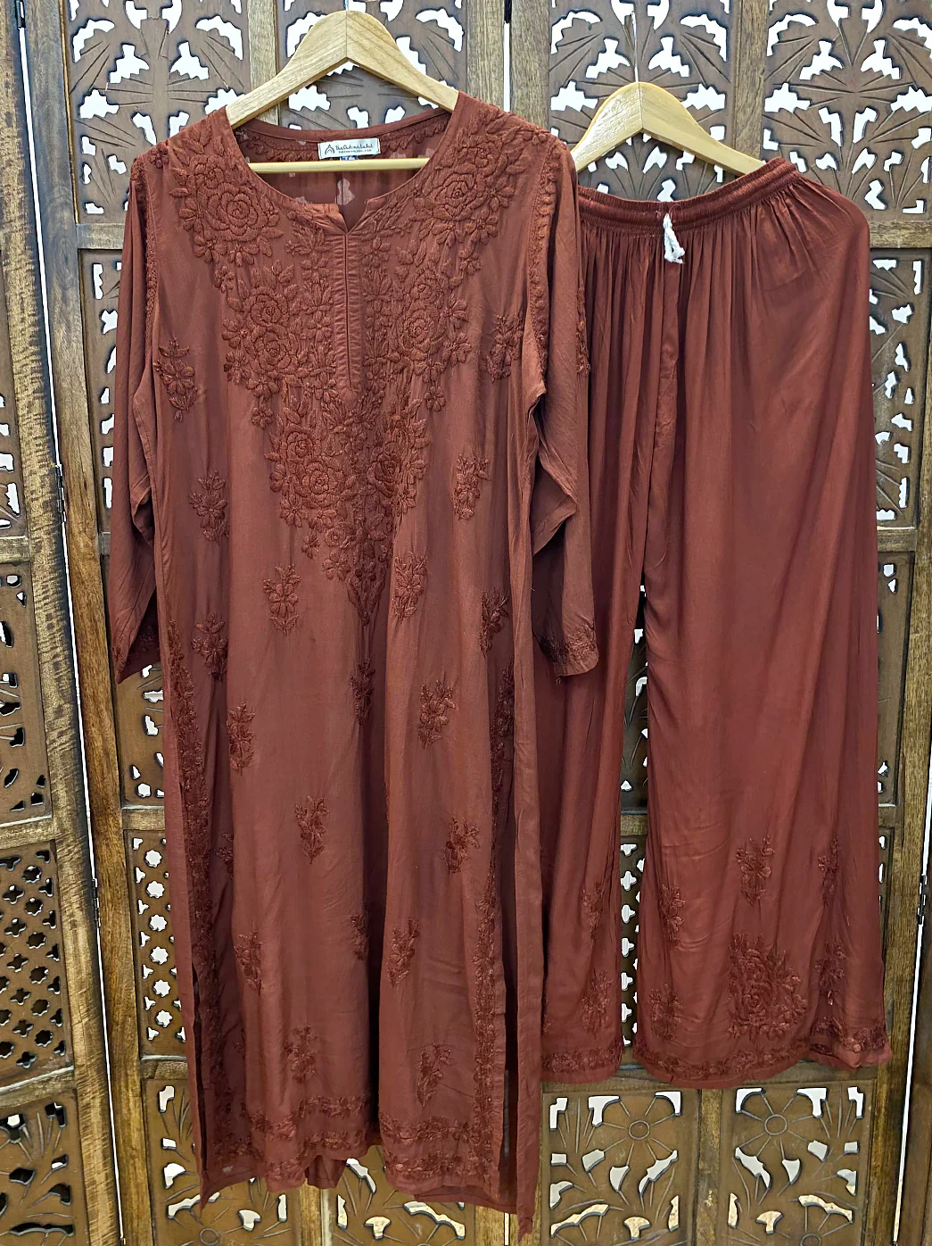 Amaaya Modal Chikankari Kurta Palazzo Set - Brown - Image 2