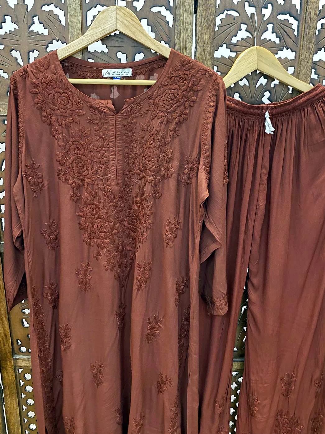 Amaaya Modal Chikankari Kurta Palazzo Set - Brown - Image 3