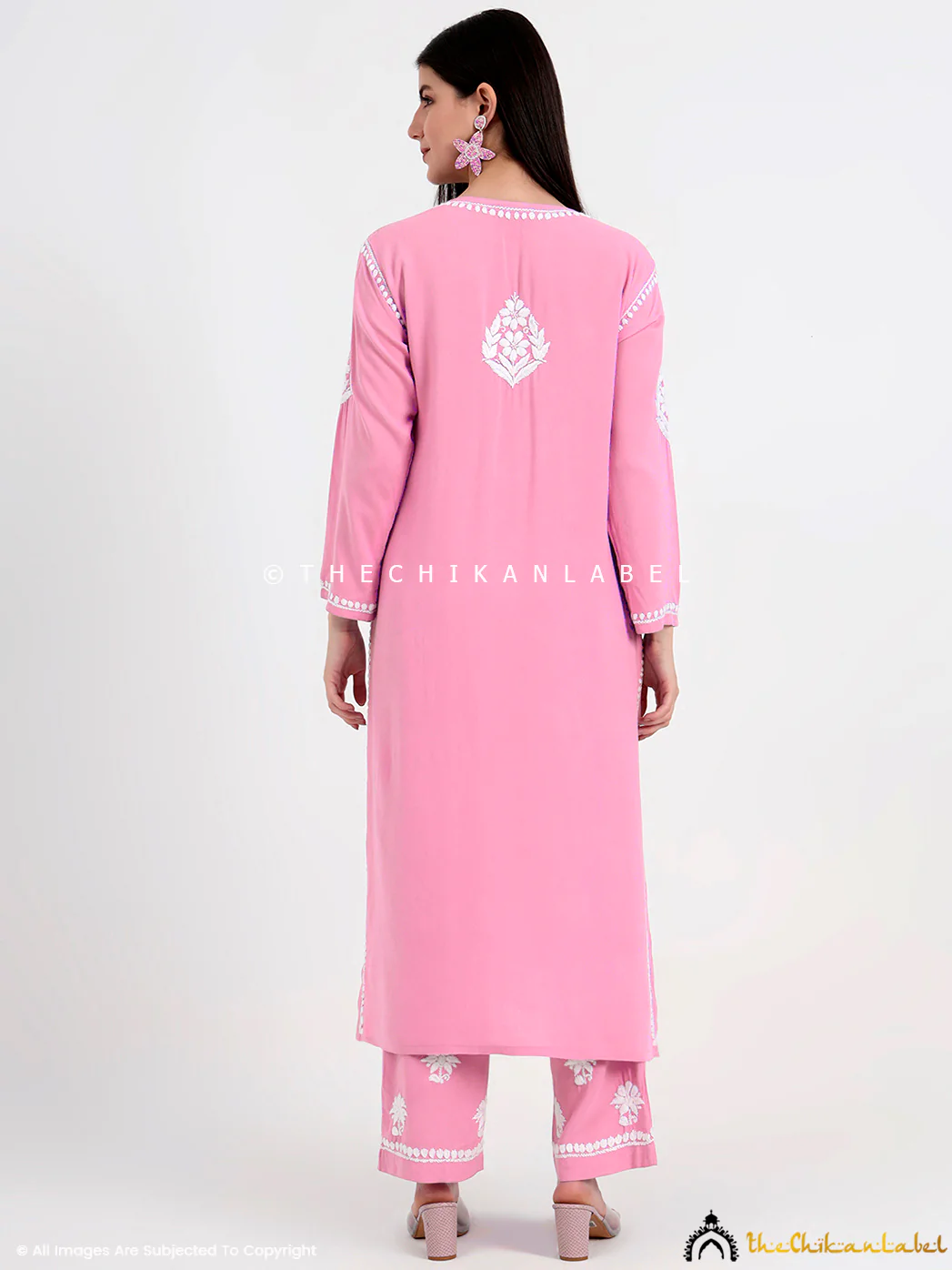 Amani Rayon Chikankari Kurti Palazzo Set - Baby Pink - Image 3