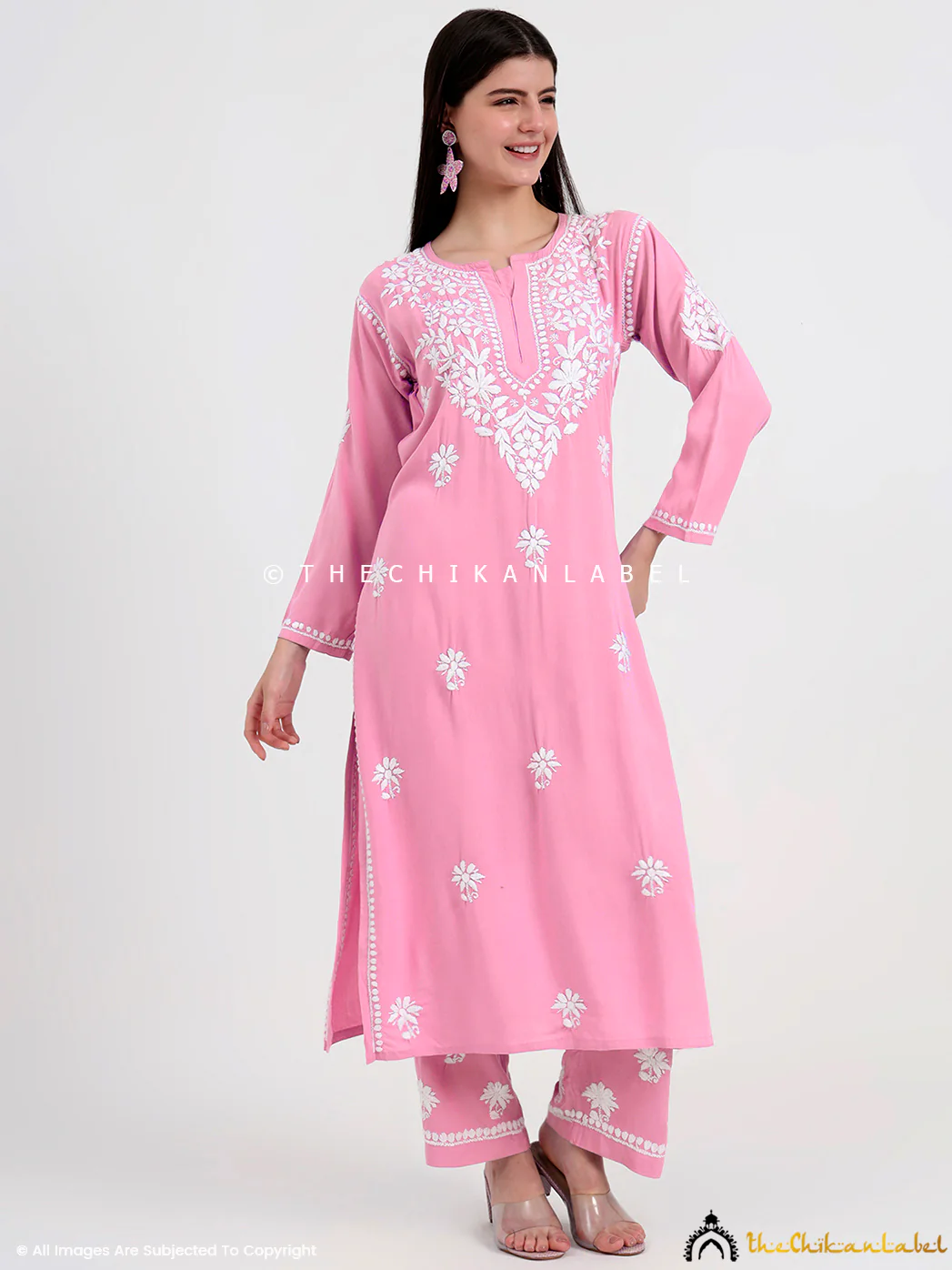 Amani Rayon Chikankari Kurti Palazzo Set - Baby Pink - Image 4