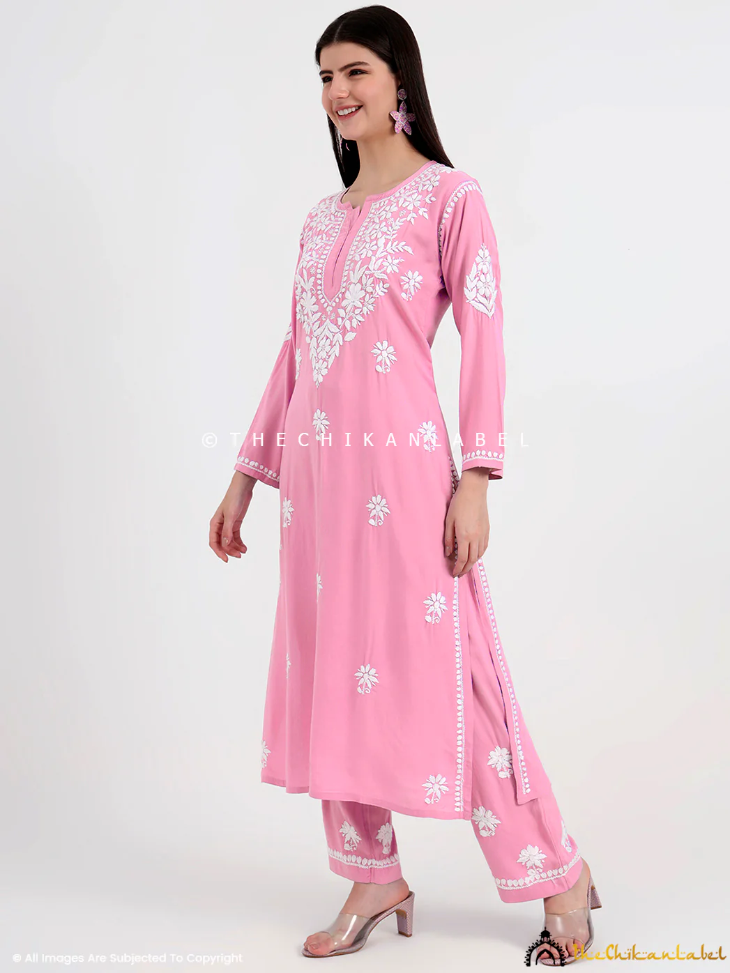Amani Rayon Chikankari Kurti Palazzo Set - Baby Pink - Image 5