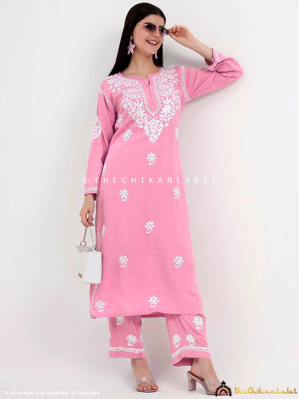 Amani Rayon Chikankari Kurti Palazzo Set - Baby Pink - Image 6
