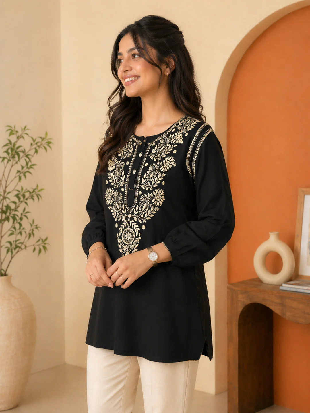 Anaisha Mulmul Cotton Chikankari Top - Black - Image 4