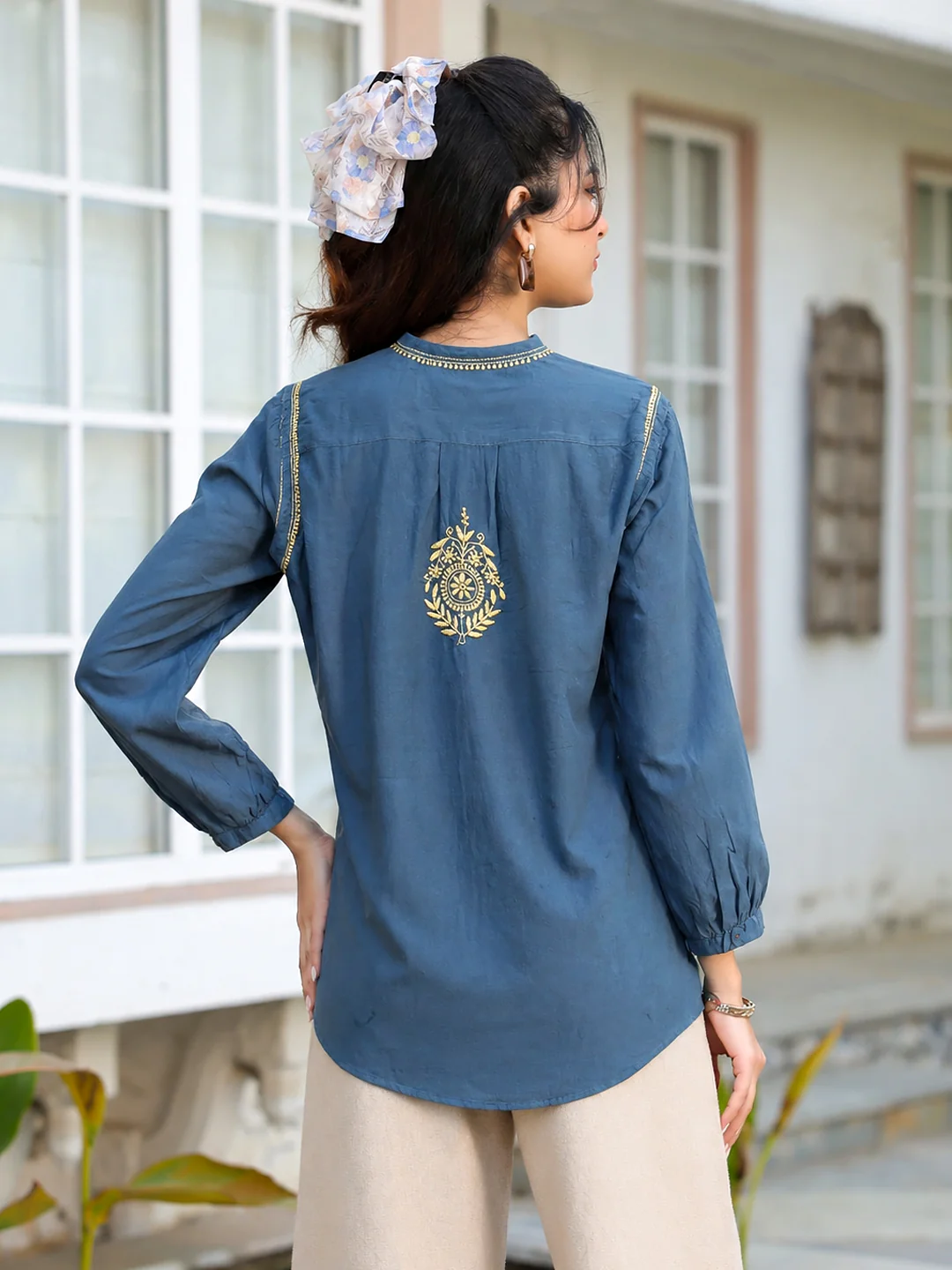 Anaisha Mulmul Cotton Chikankari Top - Blue - Image 2