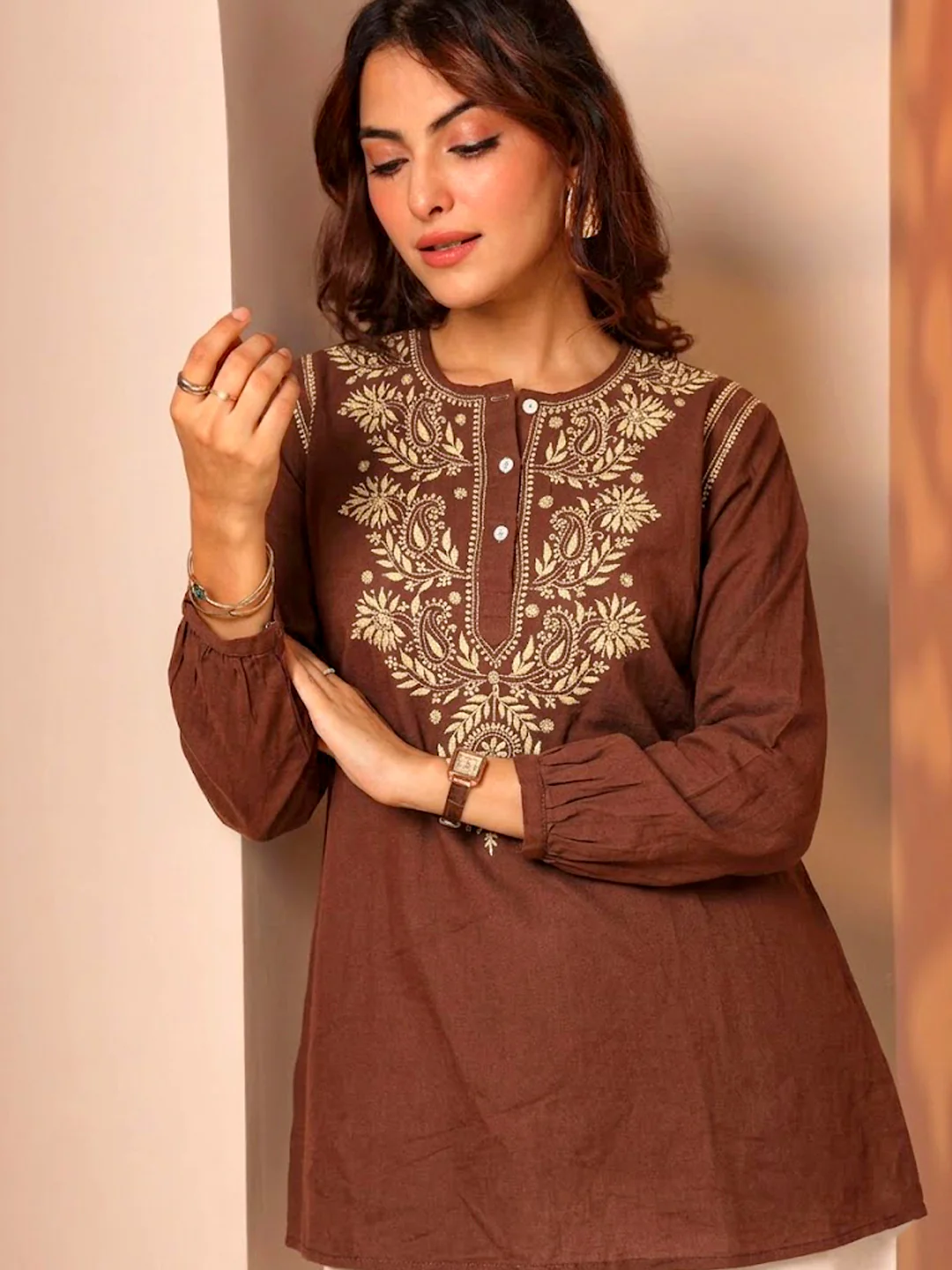 Anaisha Mulmul Cotton Chikankari Top - Choco - Image 2
