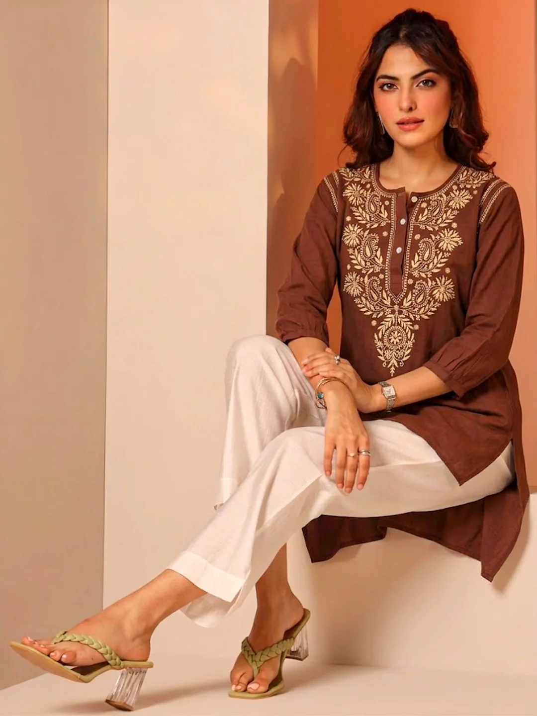 Anaisha Mulmul Cotton Chikankari Top - Choco - Image 5