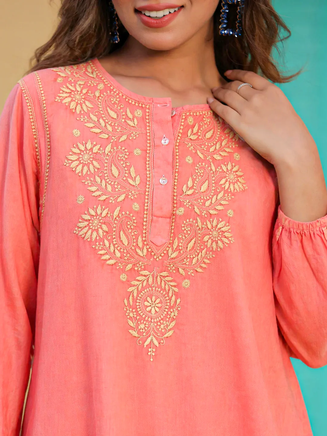 Anaisha Mulmul Cotton Chikankari Top - Peach - Image 2