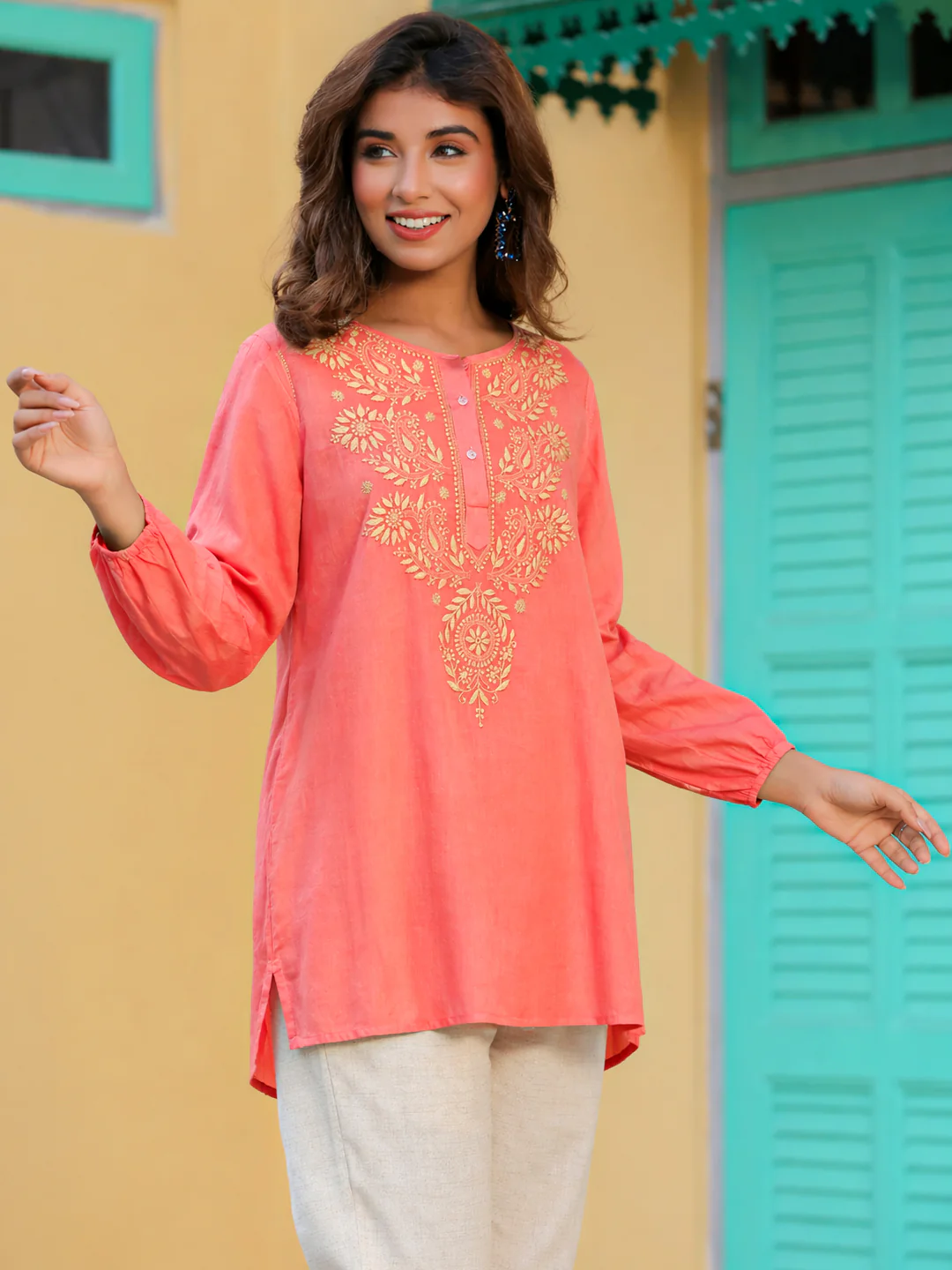 Anaisha Mulmul Cotton Chikankari Top - Peach - Image 4