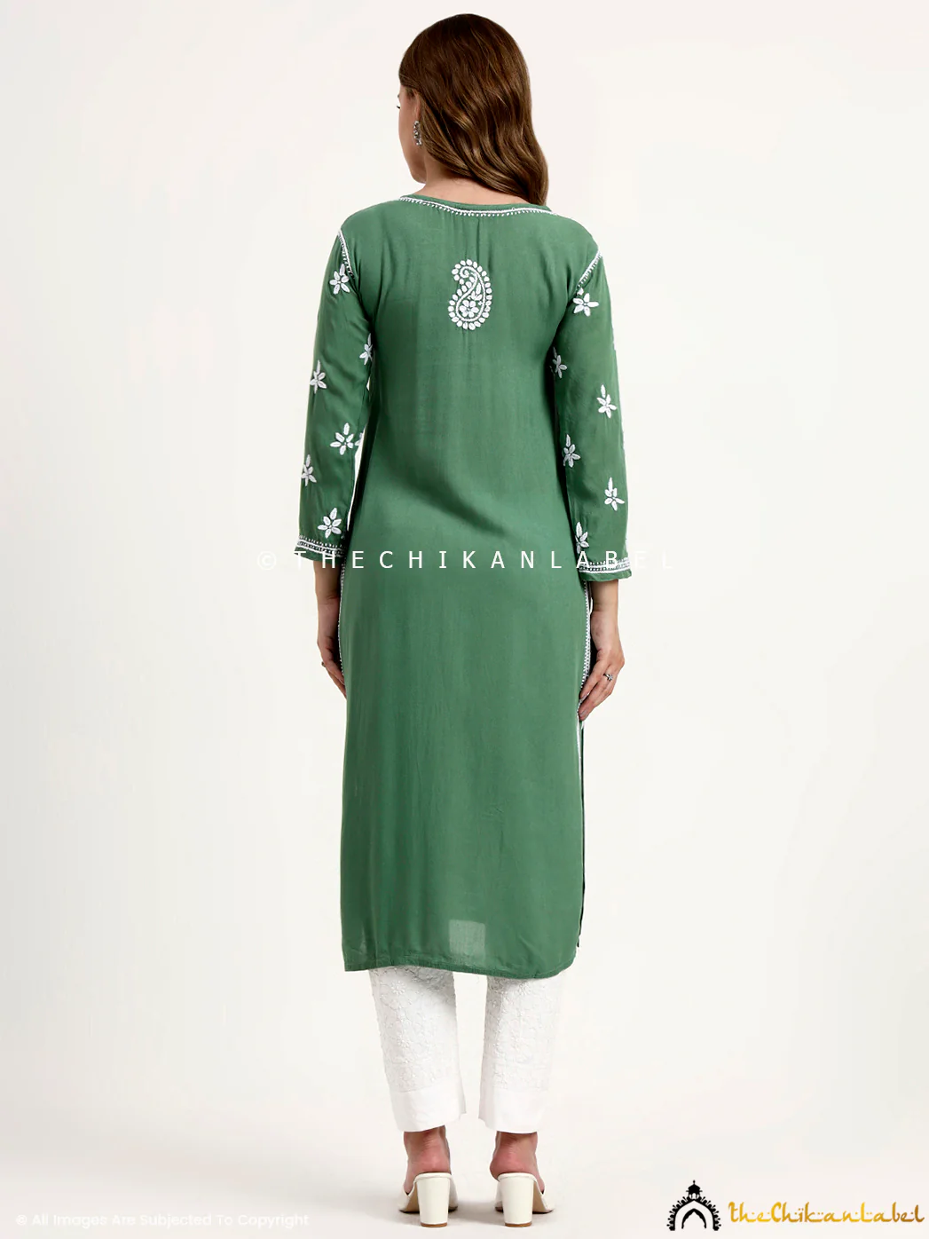Anra Rayon Chikankari Straight Kurti - Green - Image 3