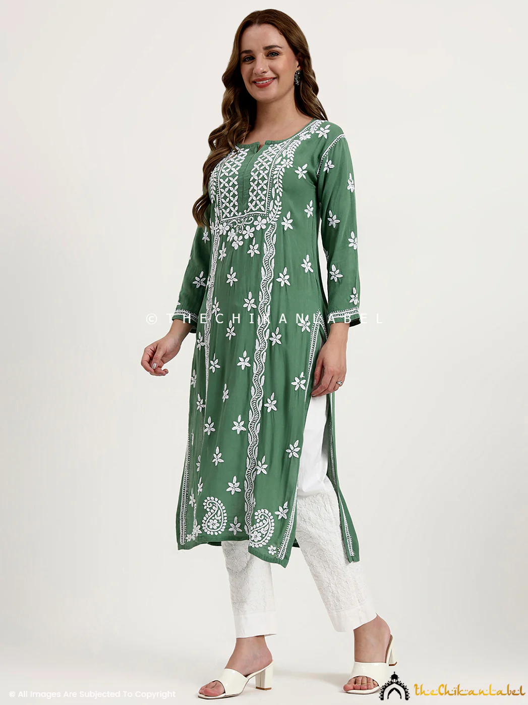 Anra Rayon Chikankari Straight Kurti - Green - Image 4