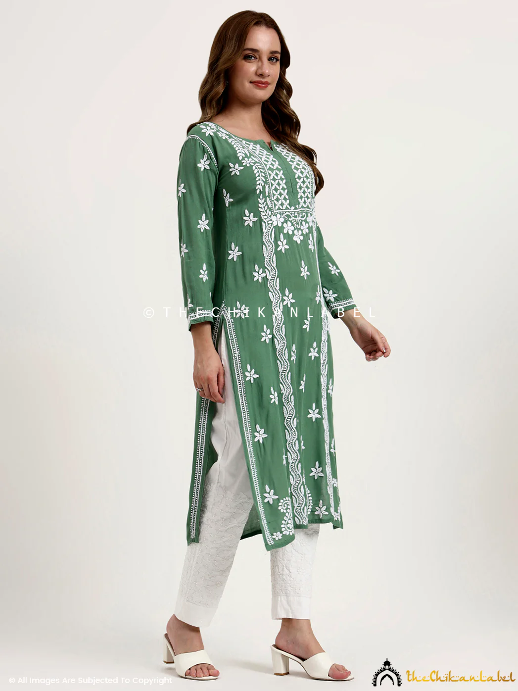 Anra Rayon Chikankari Straight Kurti - Green - Image 5
