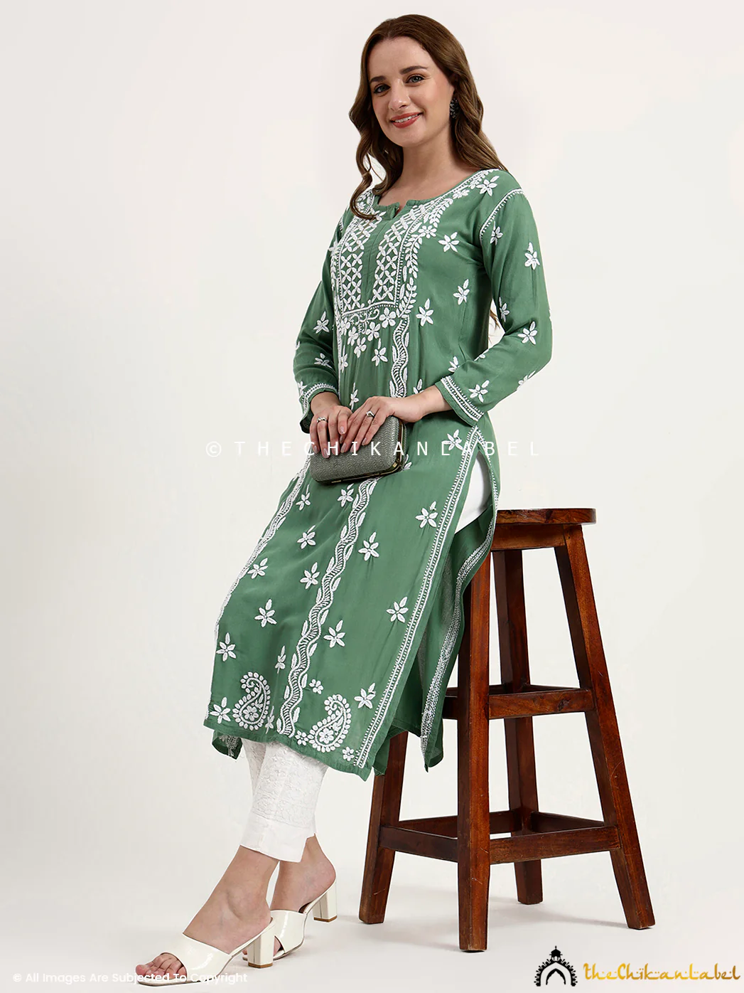 Anra Rayon Chikankari Straight Kurti - Green - Image 6