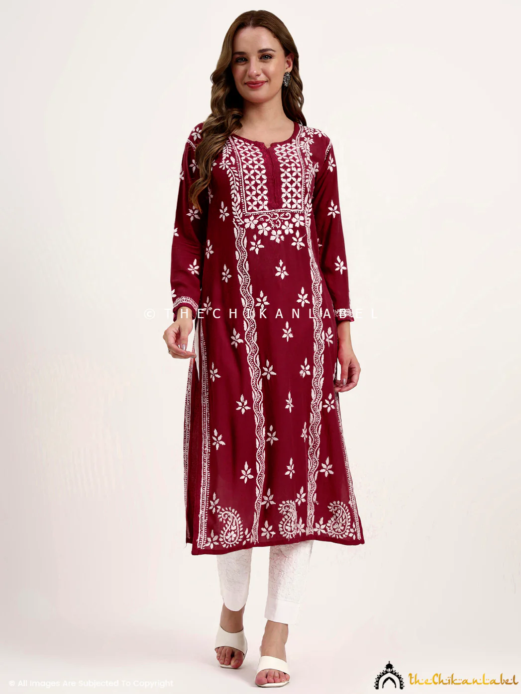 Anra Rayon Chikankari Straight Kurti - Maroon