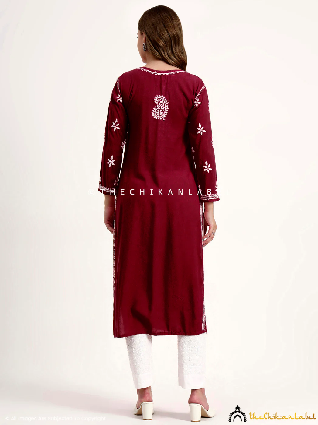 Anra Rayon Chikankari Straight Kurti - Maroon - Image 3