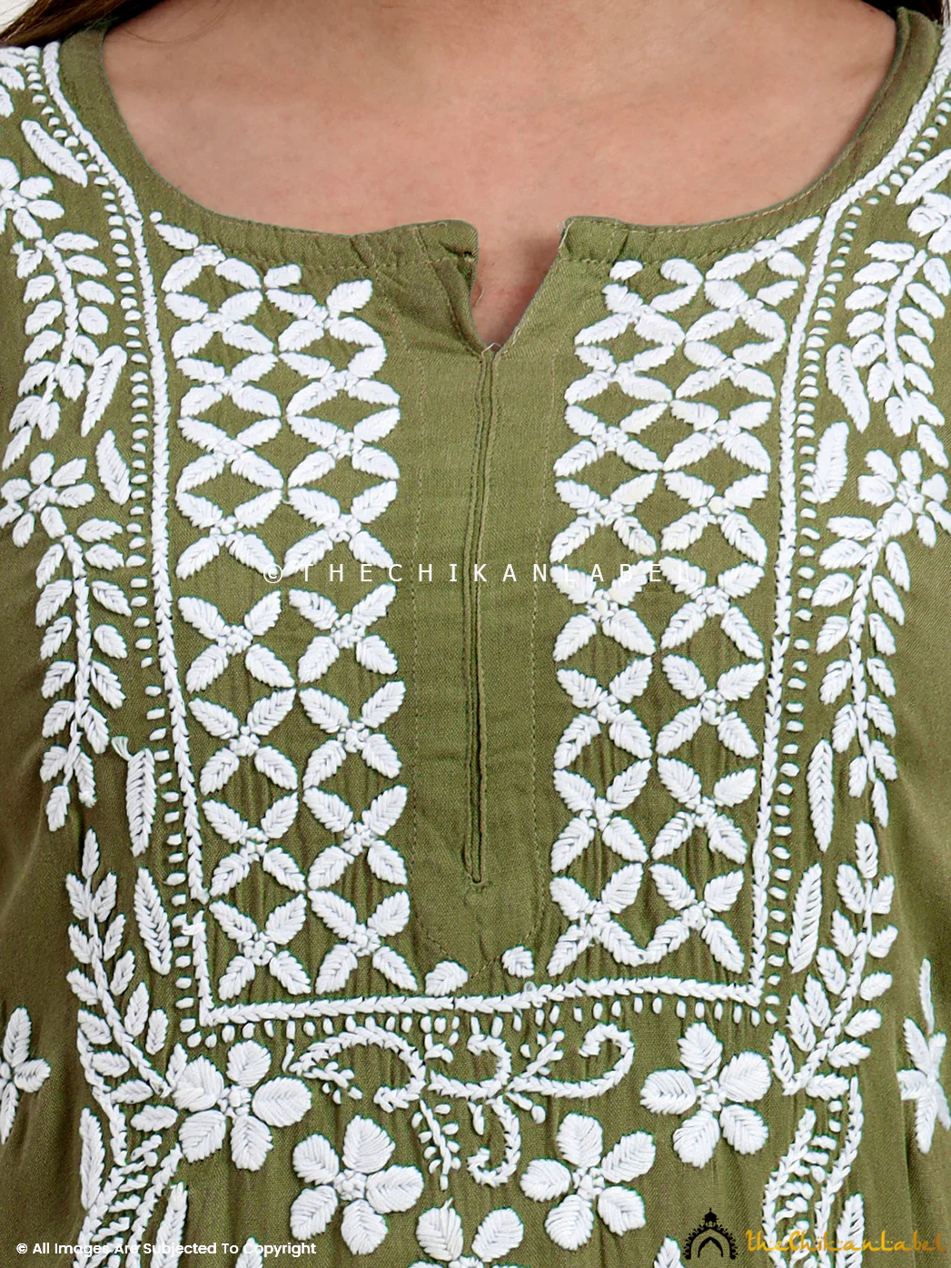 Anra Rayon Chikankari Straight Kurti - Mehndi Green - Image 2