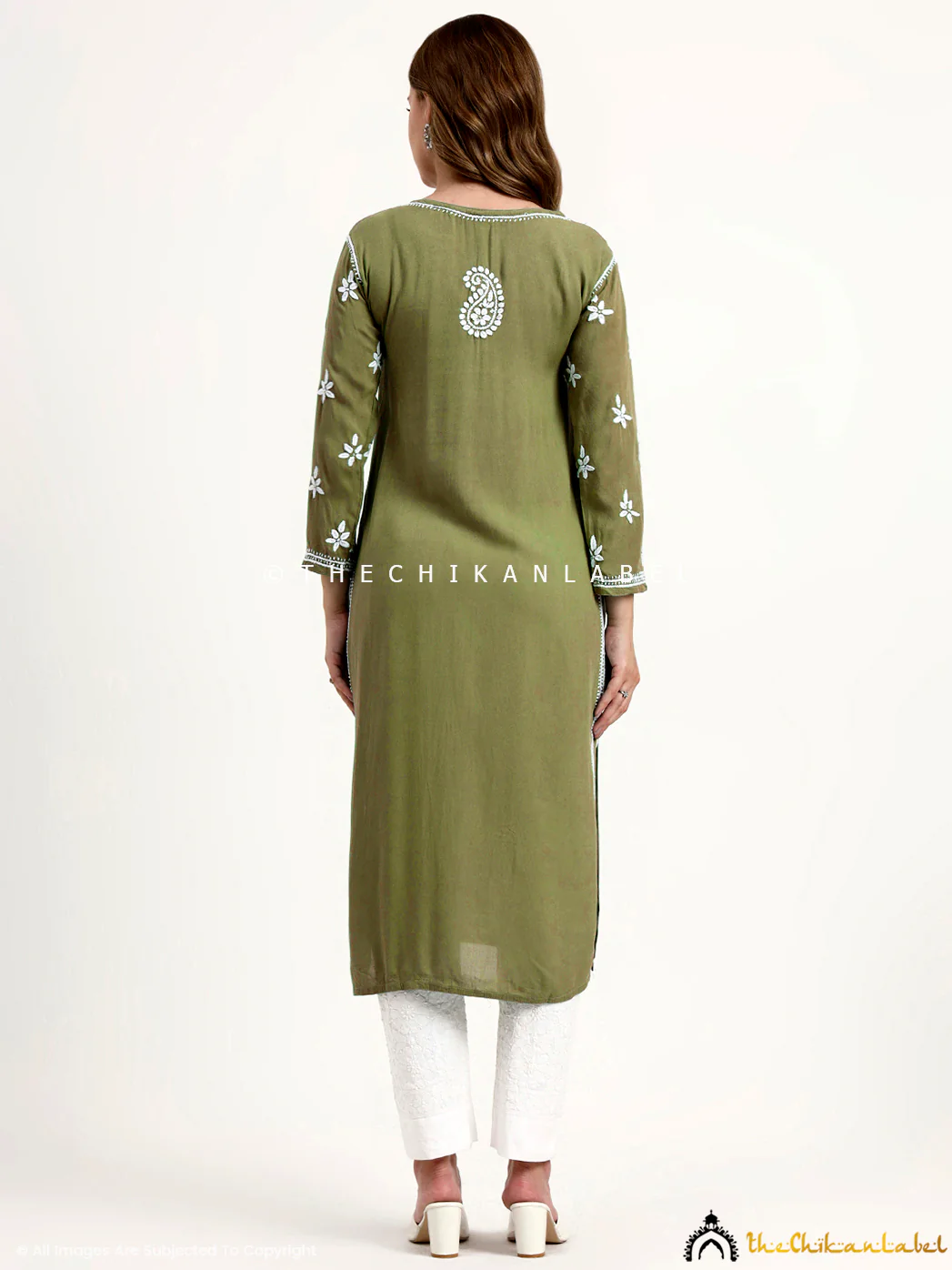 Anra Rayon Chikankari Straight Kurti - Mehndi Green - Image 3