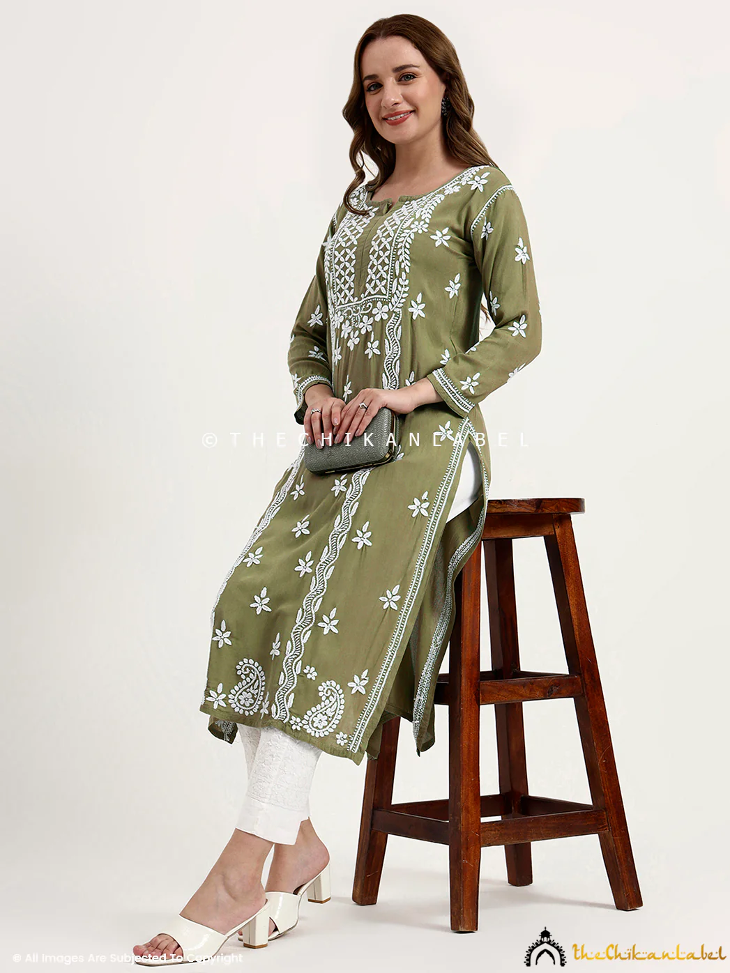 Anra Rayon Chikankari Straight Kurti - Mehndi Green - Image 4