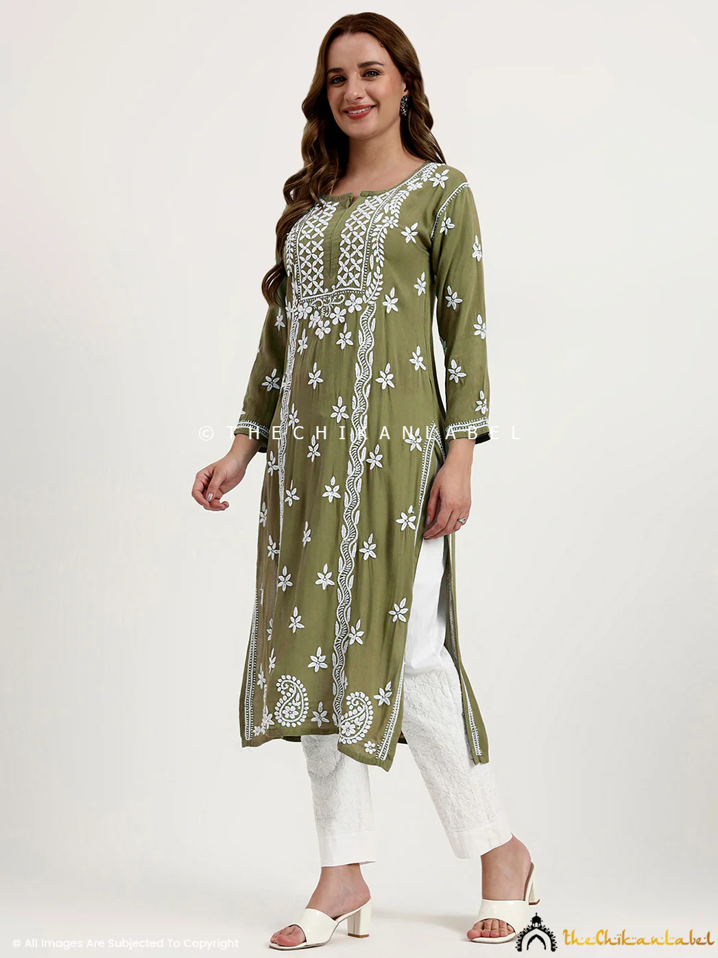 Anra Rayon Chikankari Straight Kurti - Mehndi Green - Image 5