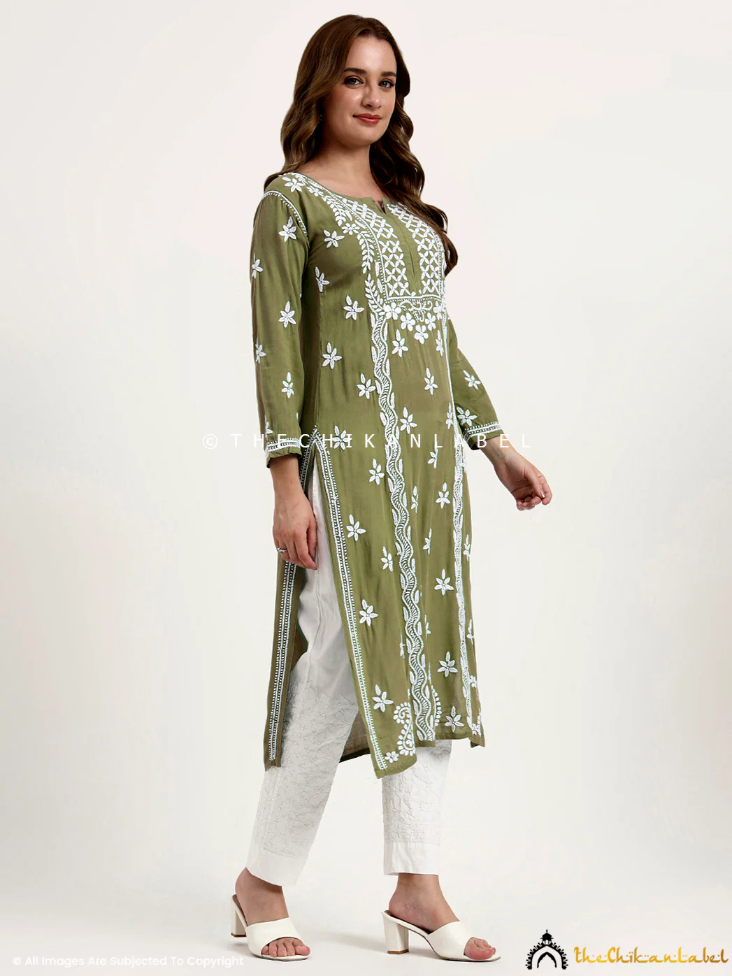 Anra Rayon Chikankari Straight Kurti - Mehndi Green - Image 6