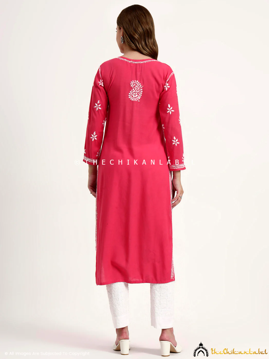 Anra Rayon Chikankari Straight Kurti - Peach - Image 3