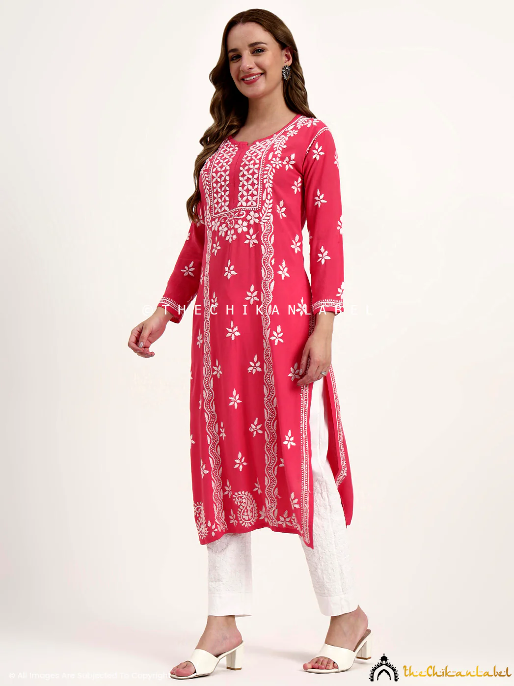 Anra Rayon Chikankari Straight Kurti - Peach - Image 4