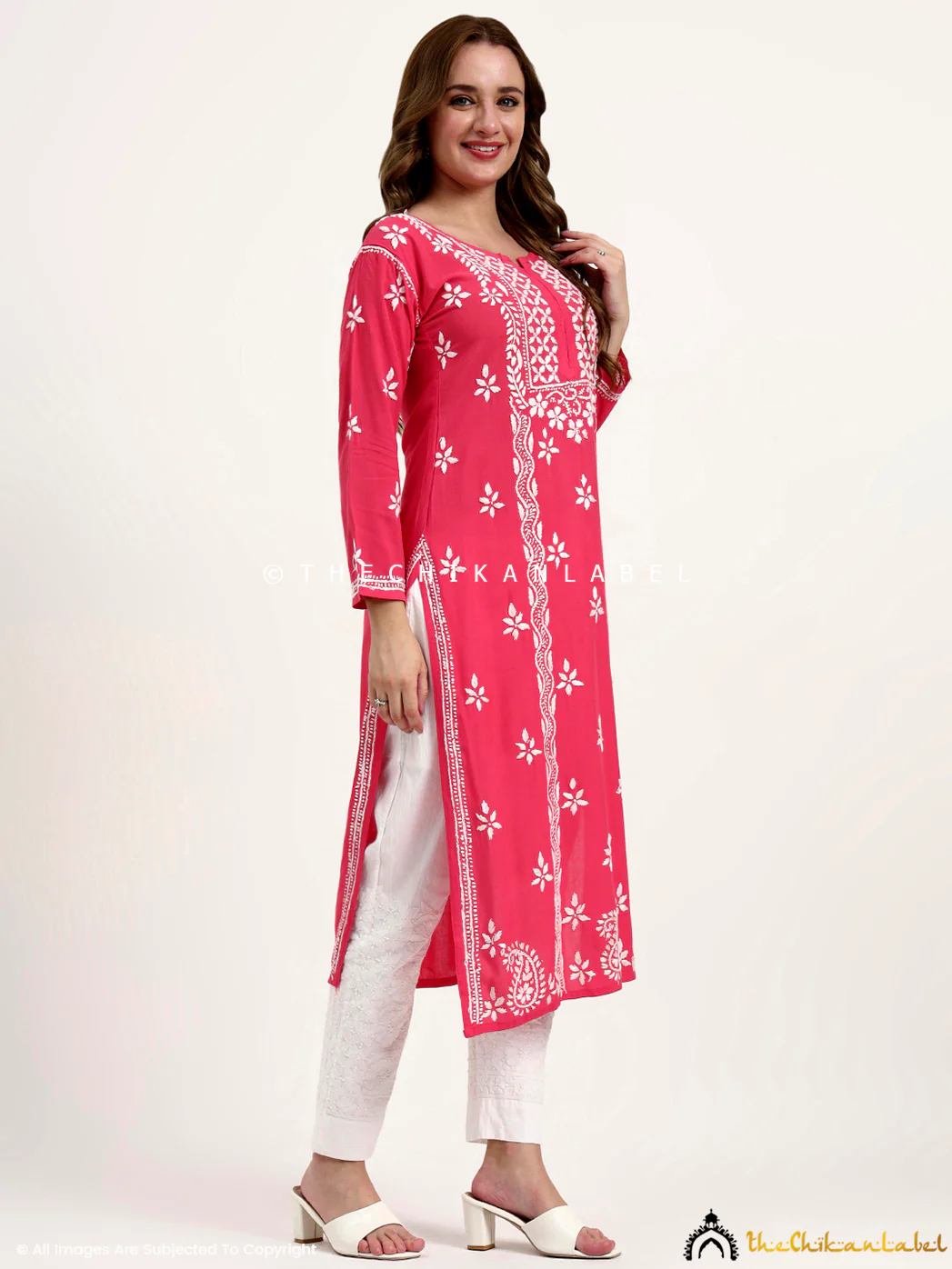 Anra Rayon Chikankari Straight Kurti - Peach - Image 5