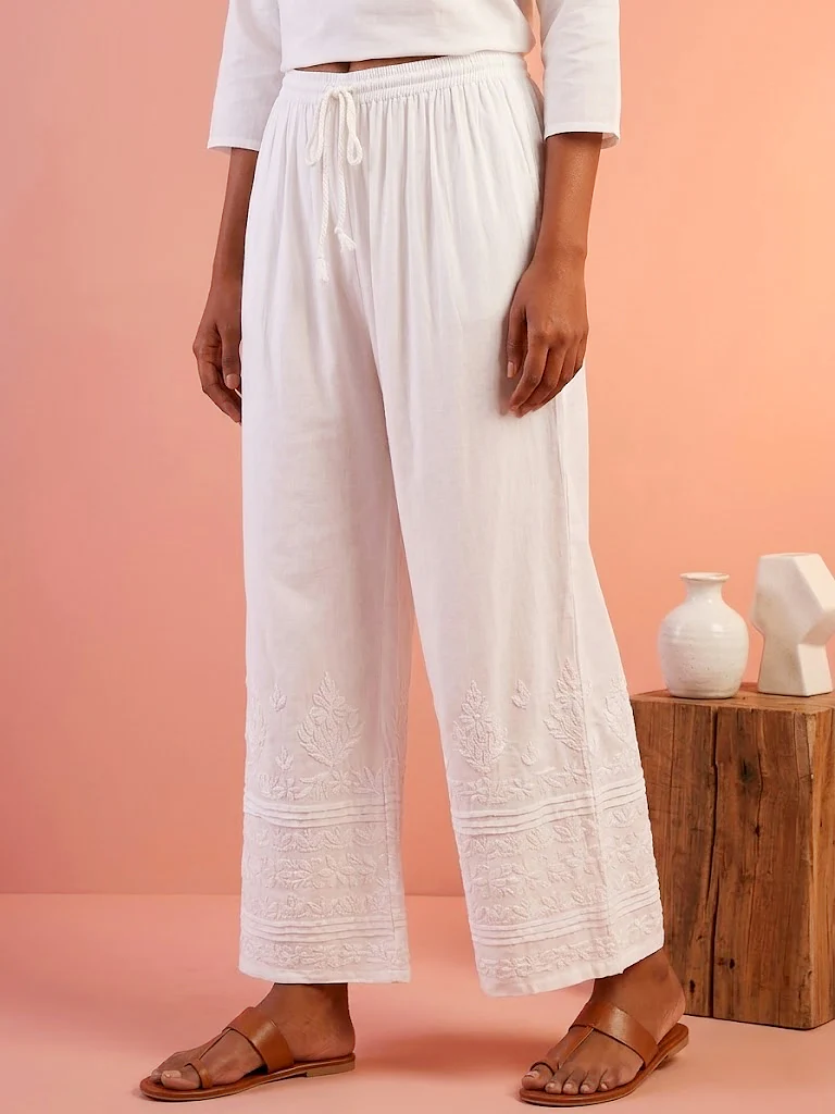 Anshi Rayon Chikankari Straight Palazzo - White - Image 2