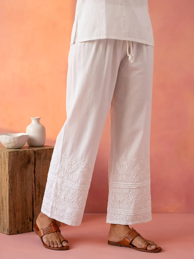 Anshi Rayon Chikankari Straight Palazzo - White - Image 3