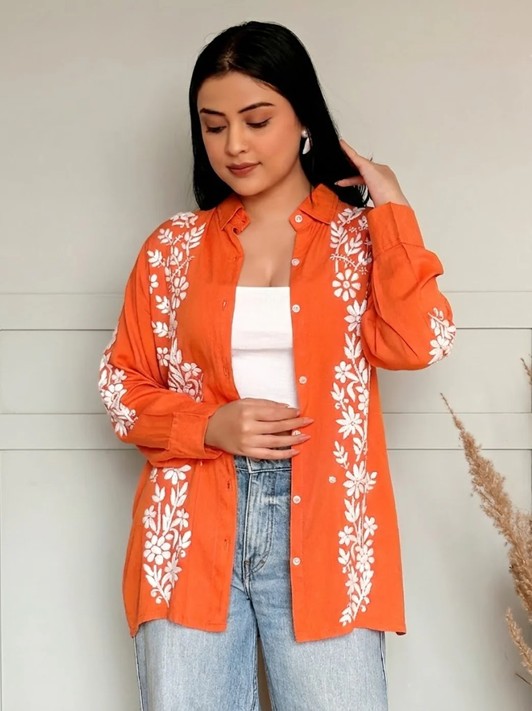 Anvika Rayon Chikankari Shirt - Orange - Image 2