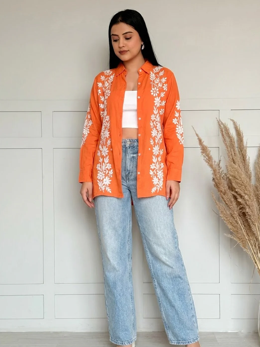 Anvika Rayon Chikankari Shirt - Orange - Image 3