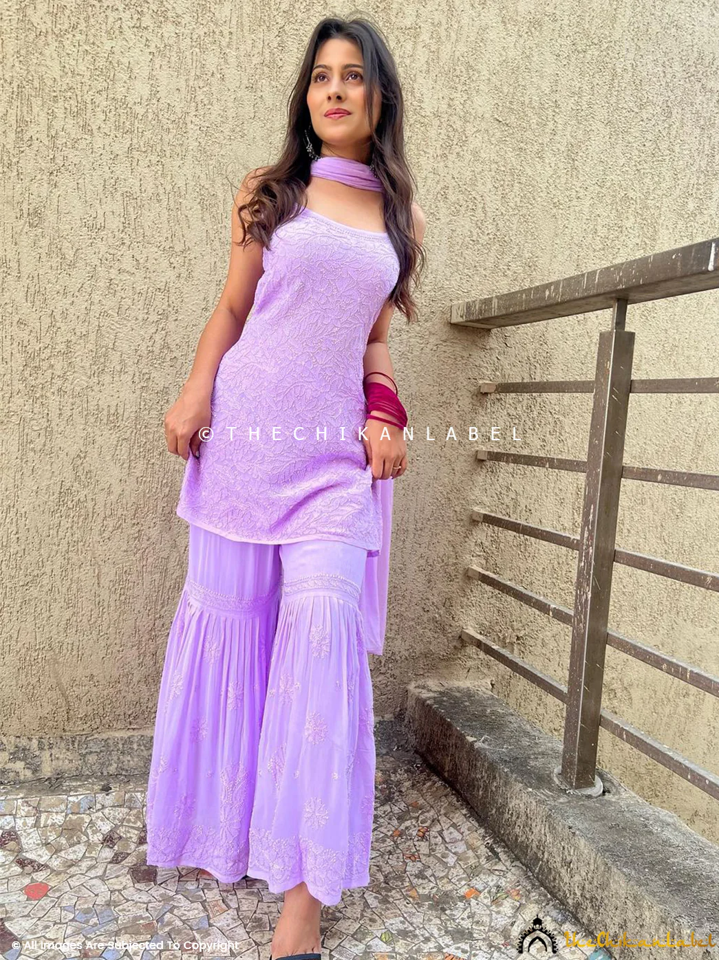 Aparna Dixit Jia Viscose Chikankari Strappy Kurta Set - Lavender - Image 3