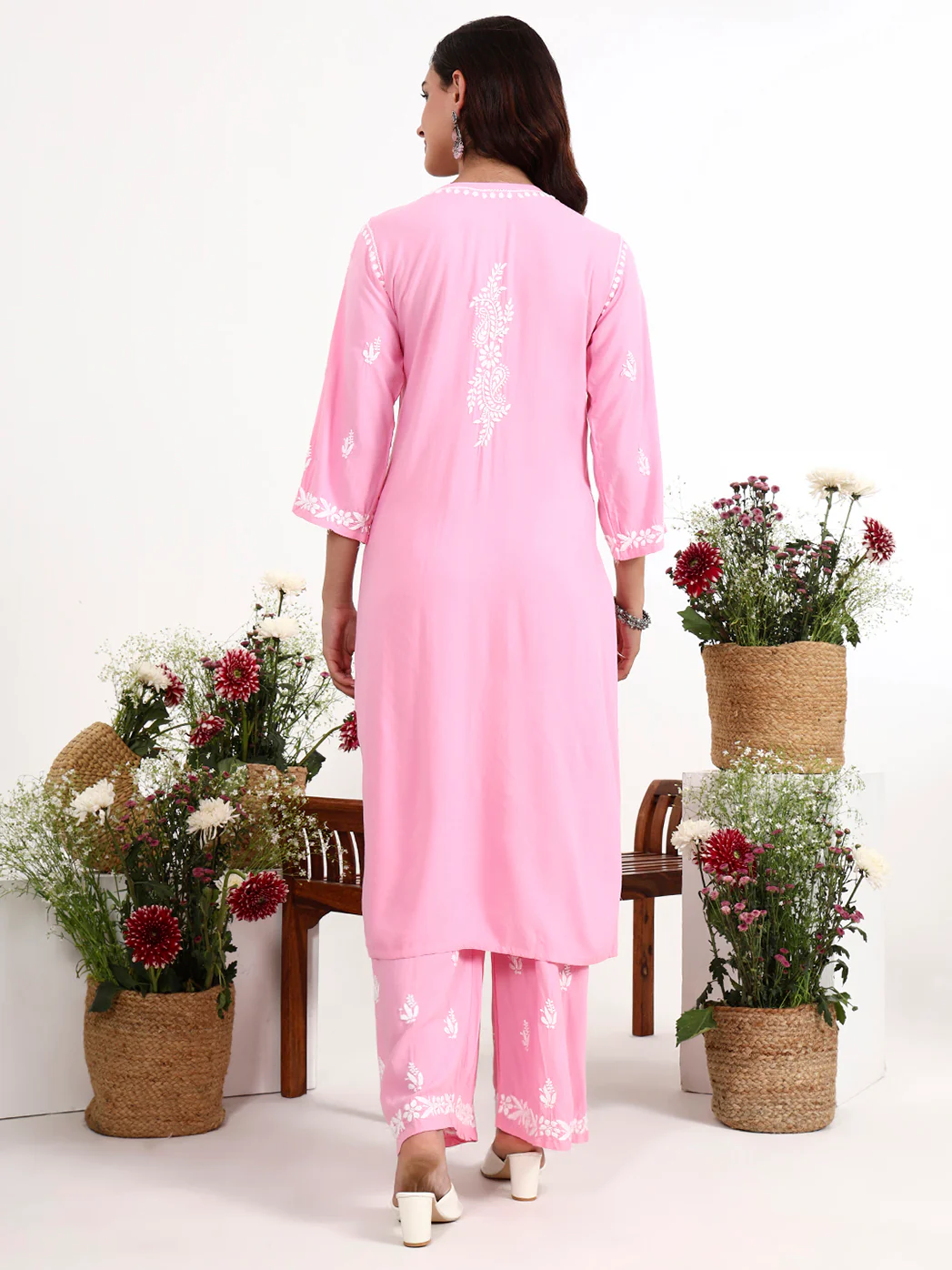 Arushi Rayon Chikankari Kurti Palazzo Set - Baby Pink - Image 3