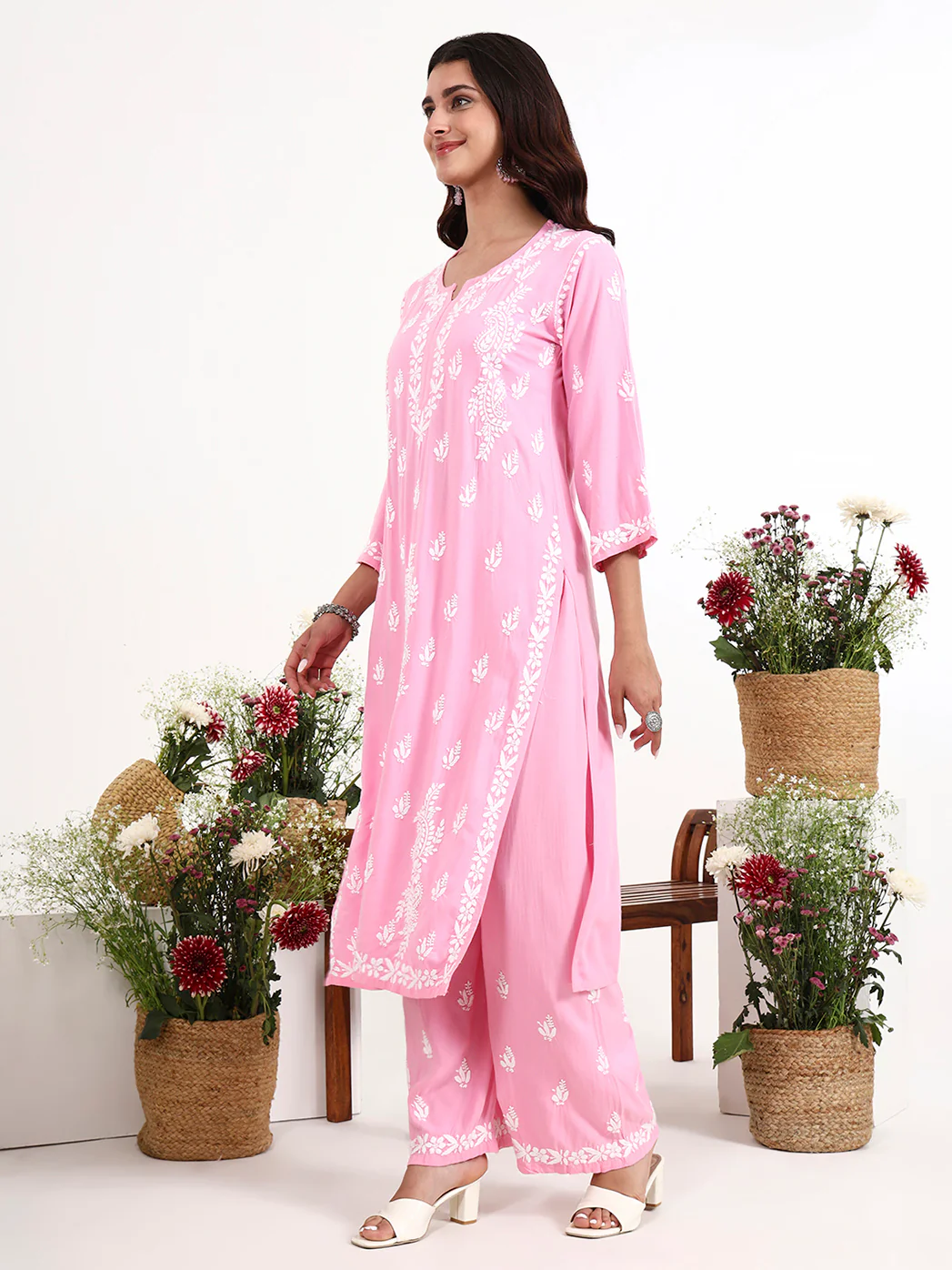 Arushi Rayon Chikankari Kurti Palazzo Set - Baby Pink - Image 4