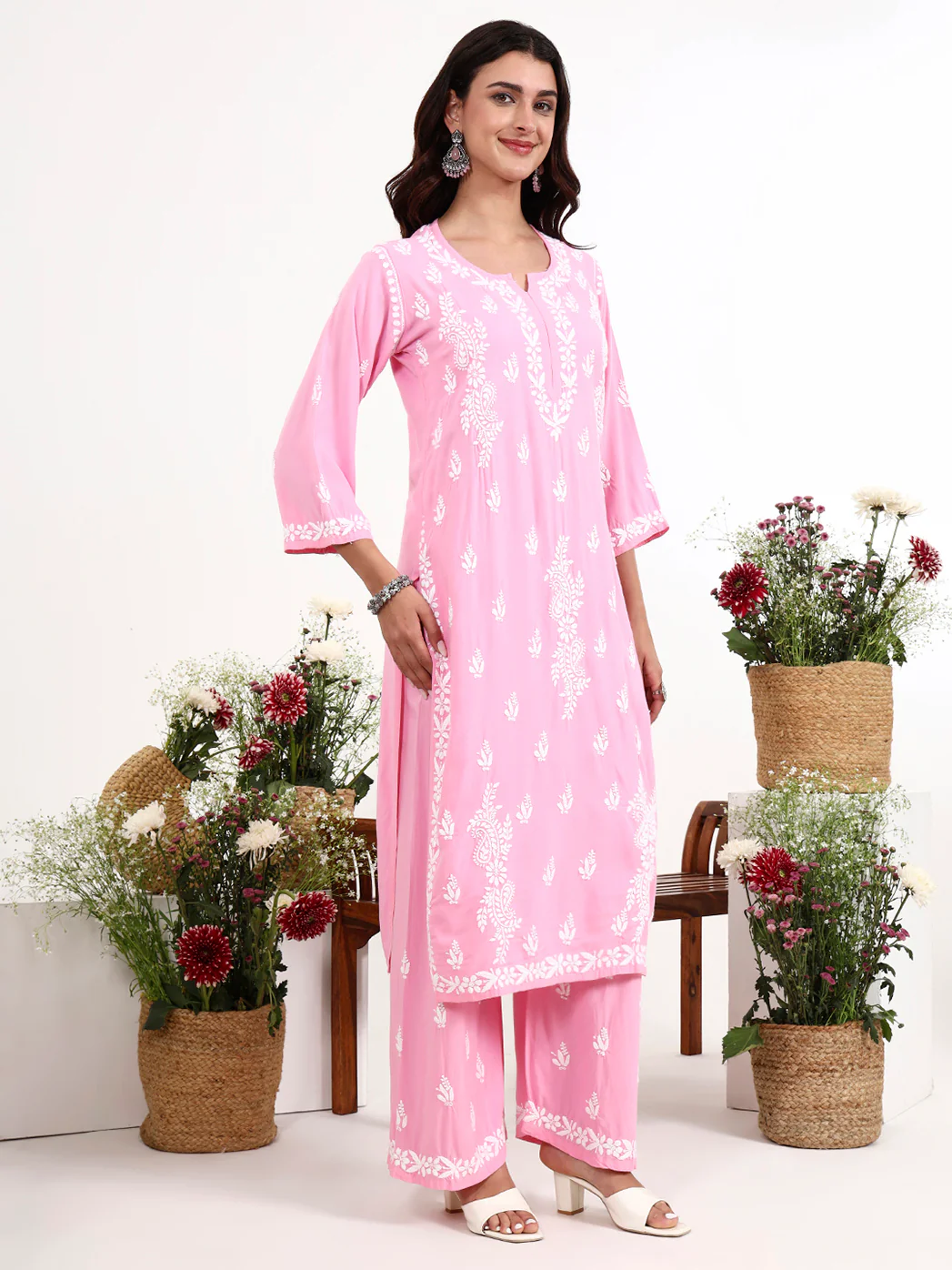 Arushi Rayon Chikankari Kurti Palazzo Set - Baby Pink - Image 5